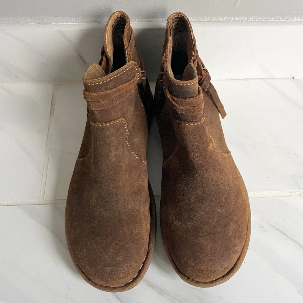 Born Women's Tarkiln Brown Suede Ankle Boots Zip Leather‎ Wrap Laces Size 6 M/W